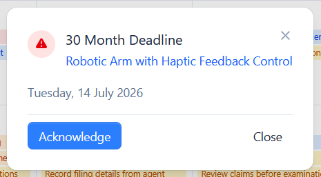 A deadline popover with an Acknowledge button
