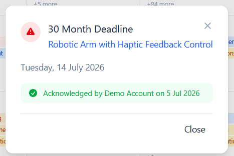An acknowledged deadline showing who acknowledged it and the date