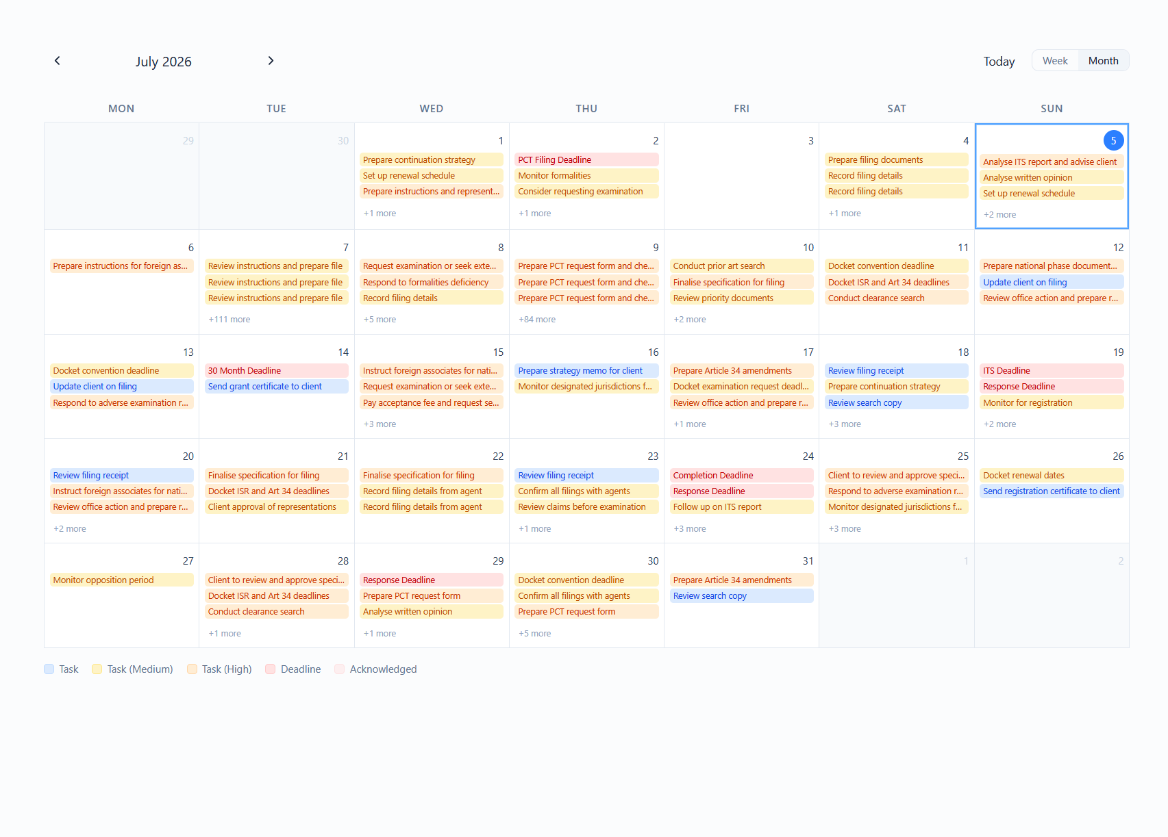 The calendar in month view with tasks and deadlines shown on each day