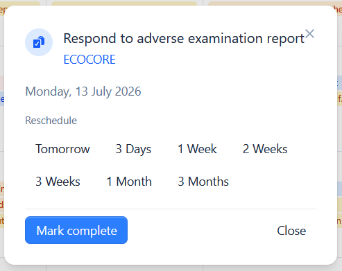 A task popover with reschedule options and a Mark complete button