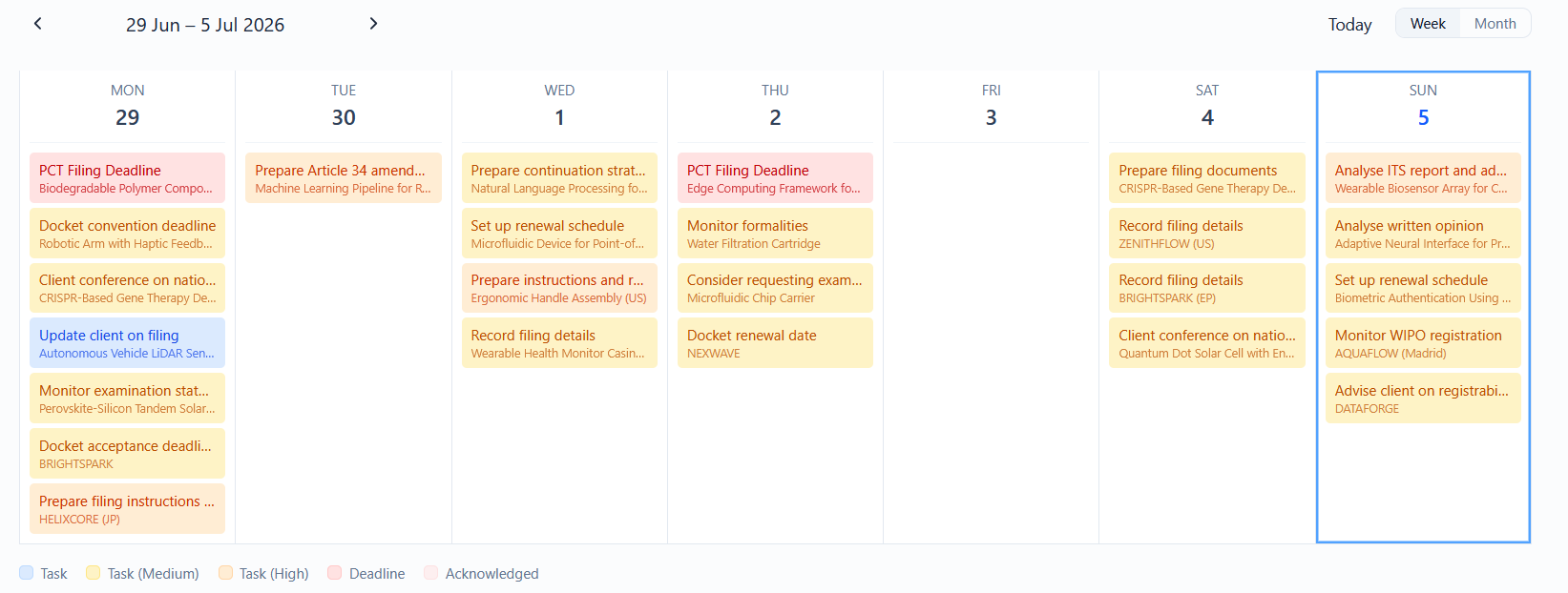 The calendar in week view showing tasks and deadlines with their matter names