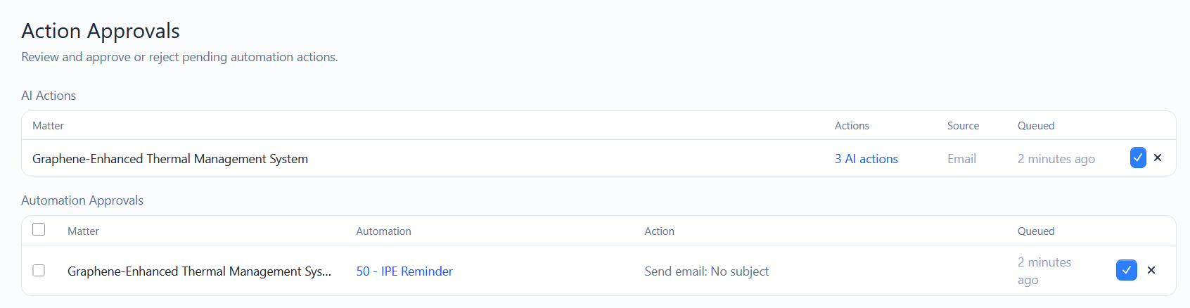 The Action Approvals screen with AI Actions and Automation Approvals sections