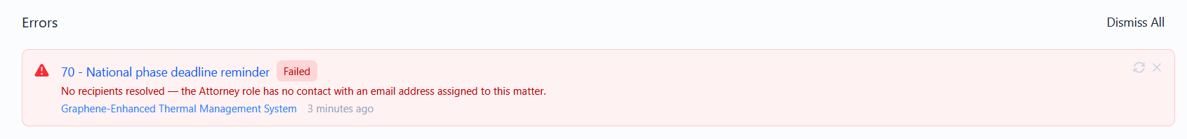 The Automation Errors screen showing a failed automation with its reason