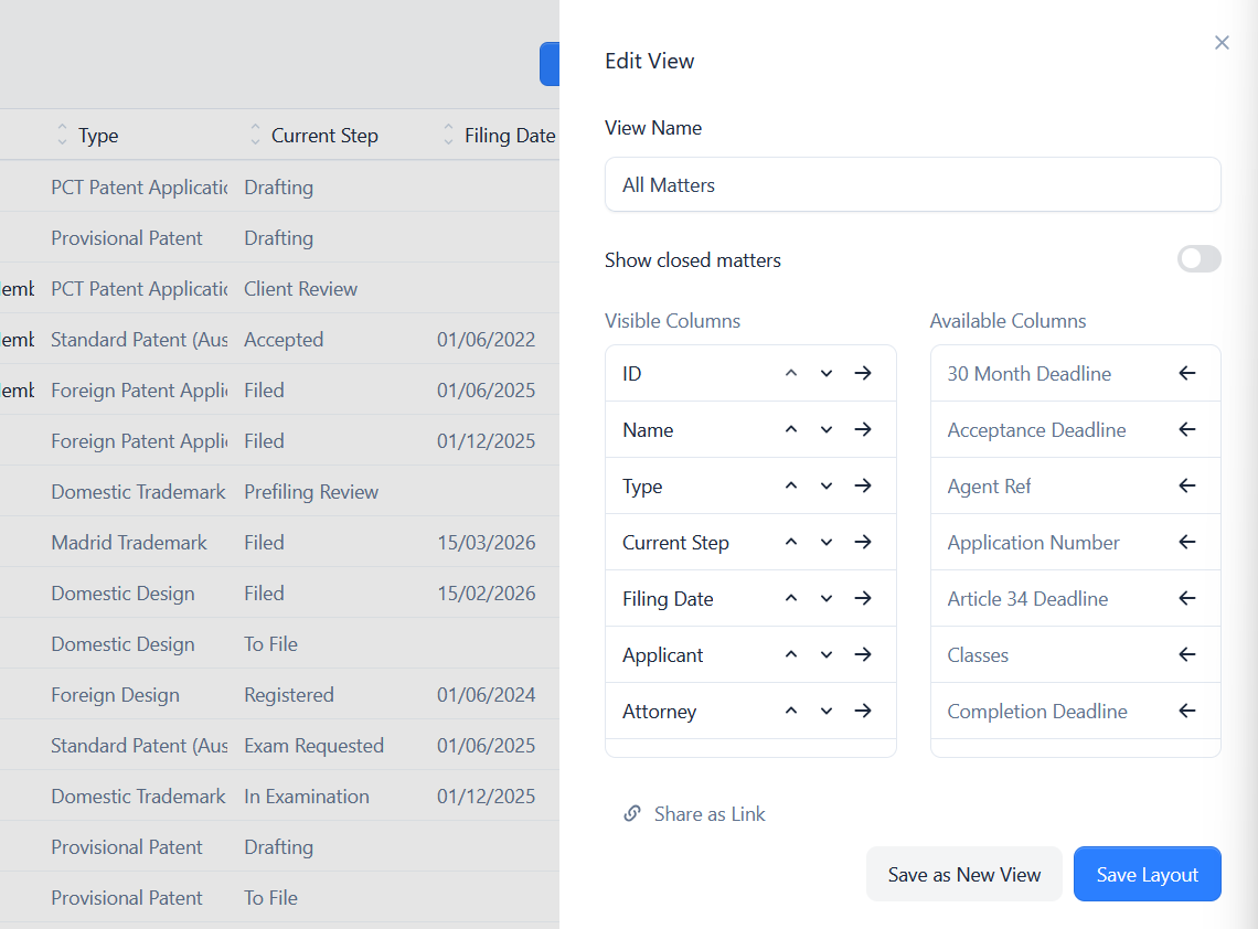 The Edit View panel showing visible and available columns