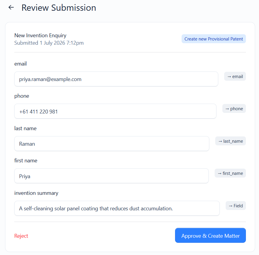 The Review Submission screen showing submitted fields with mapping chips