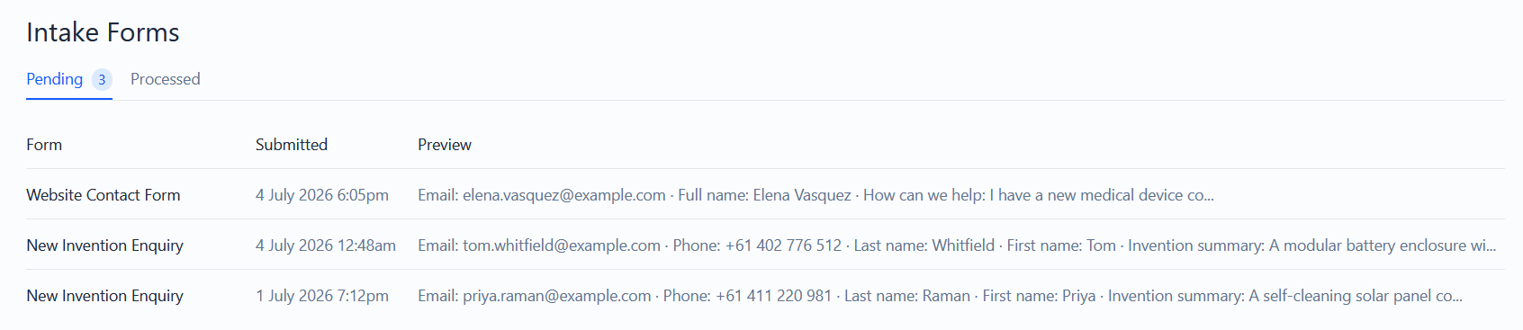 The intake submissions list with Pending and Processed tabs