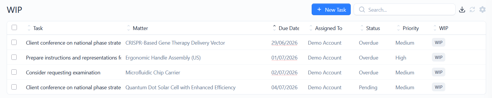 The tasks list showing task, matter, due date, status, priority and WIP columns