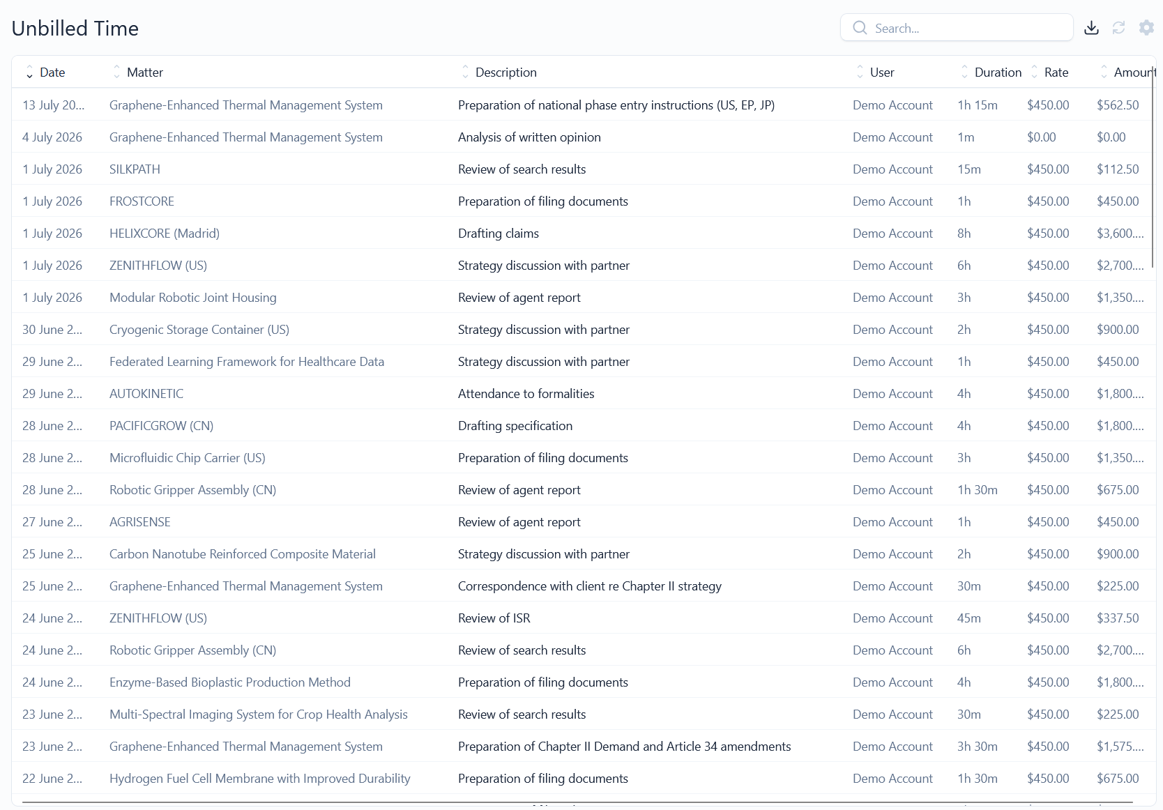 The Unbilled Time list showing date, matter, description, user, duration, rate and amount