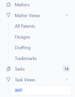 Saved views listed under Matter Views and Task Views in the sidebar