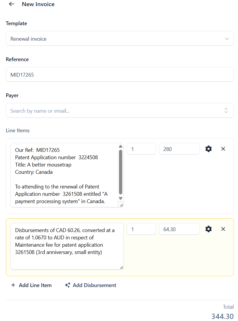 A disbursement line item showing the currency conversion and marked-up narrative