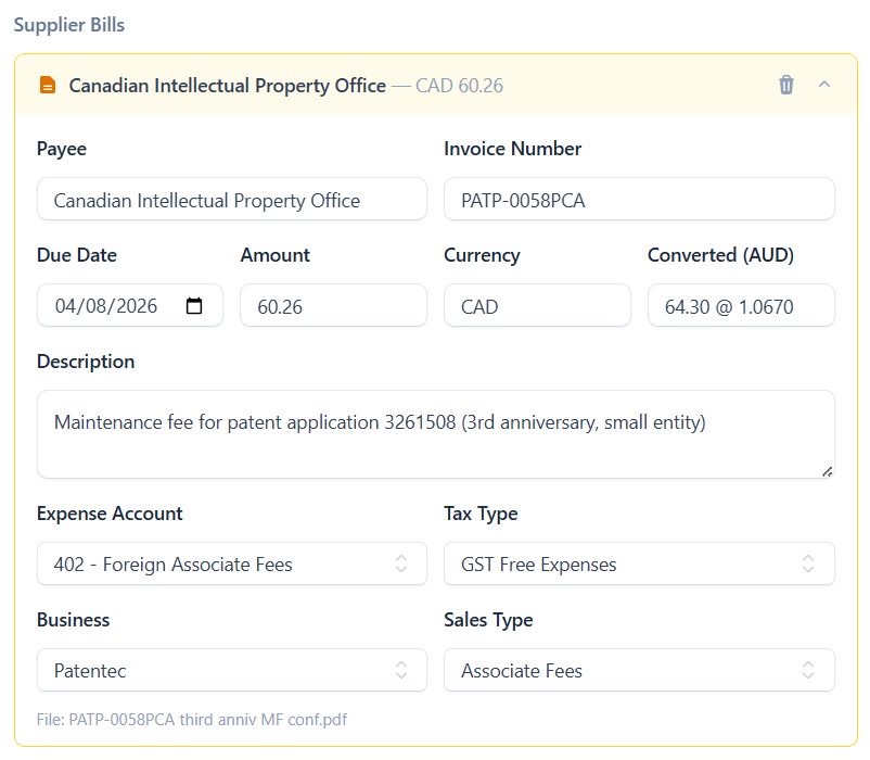 The supplier bill record with payee, amounts, currency conversion, expense account and tax type