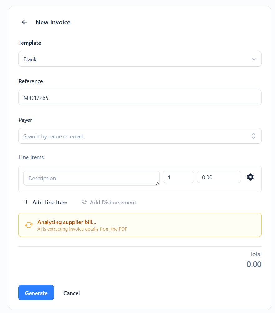 The Add Disbursement button and the AI analysing a supplier bill PDF