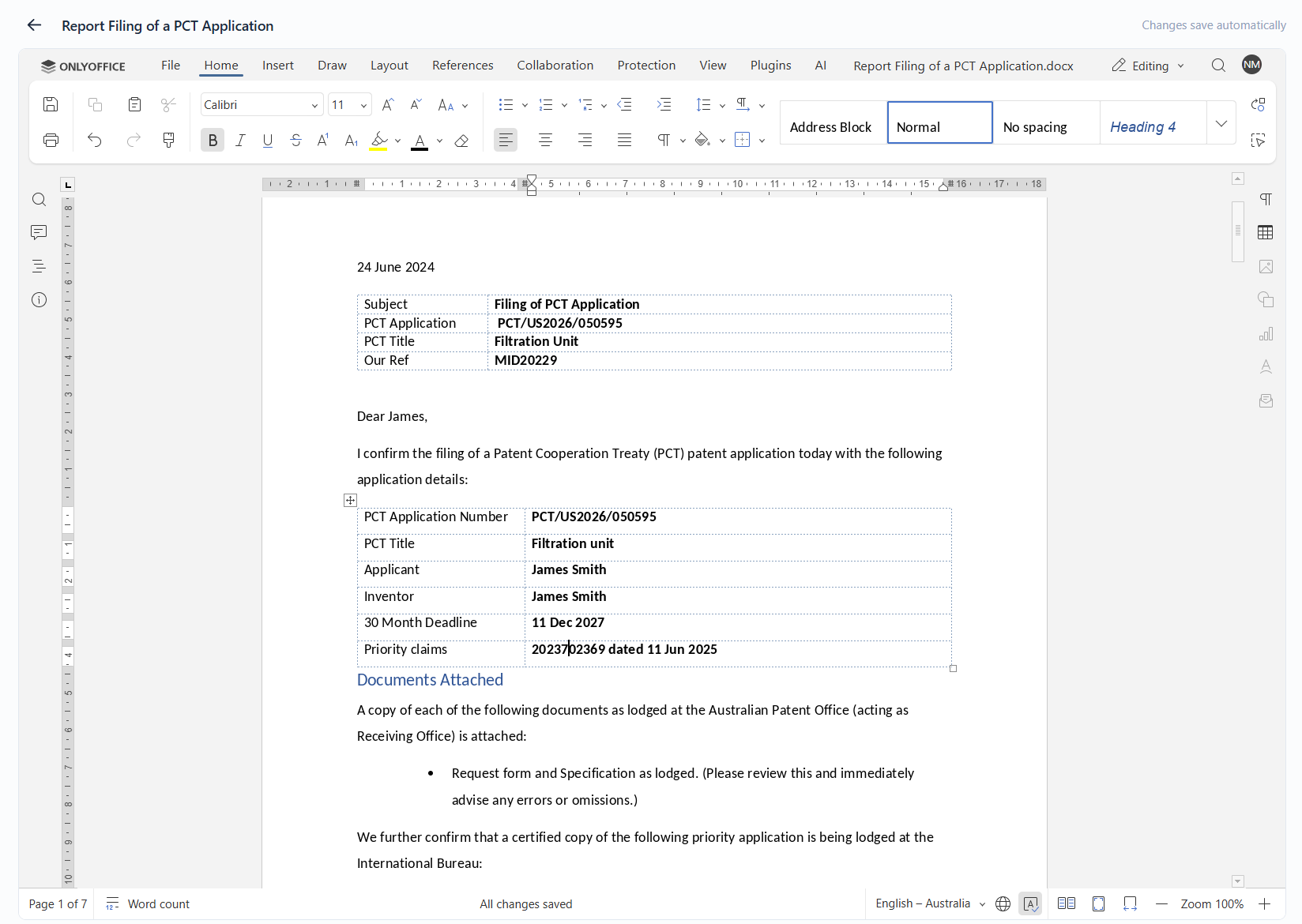 A generated document open in the built-in online word processor with the matter's details merged in