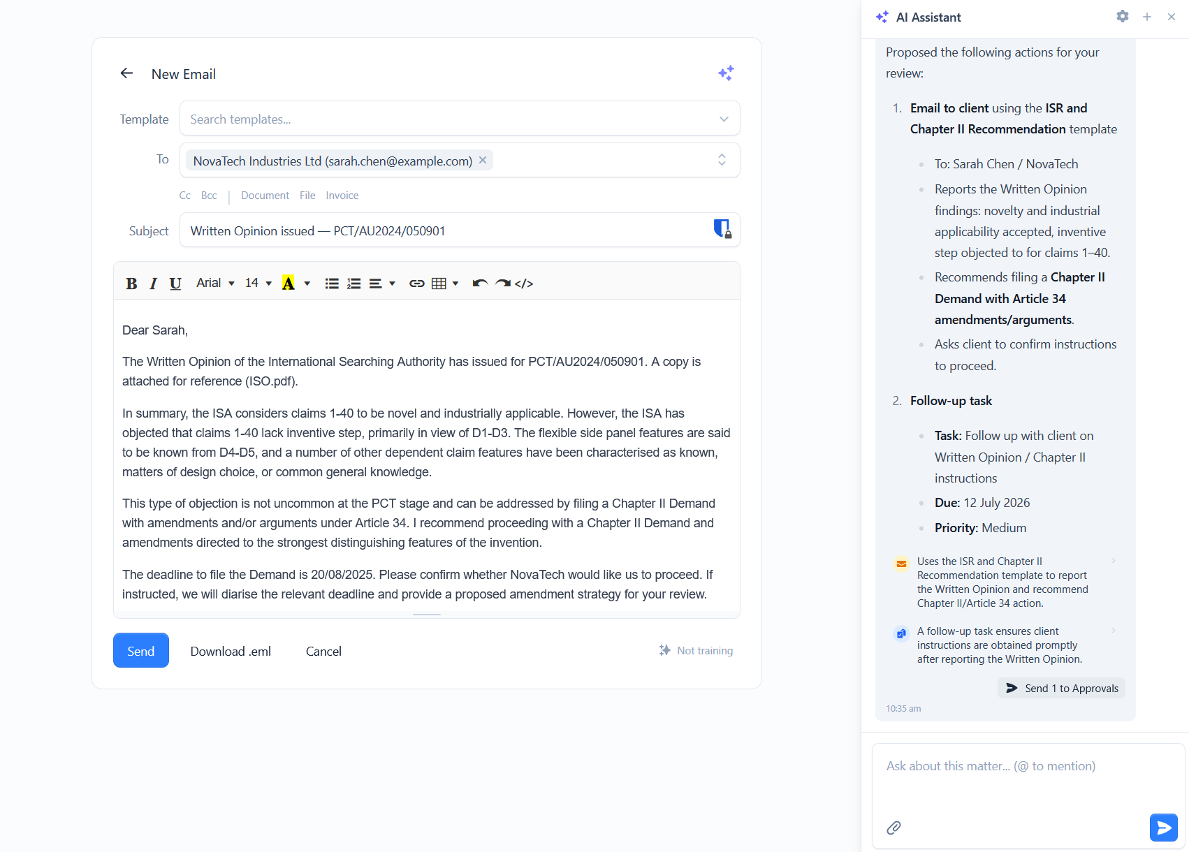 An AI-drafted email open in the editor beside the proposed action plan