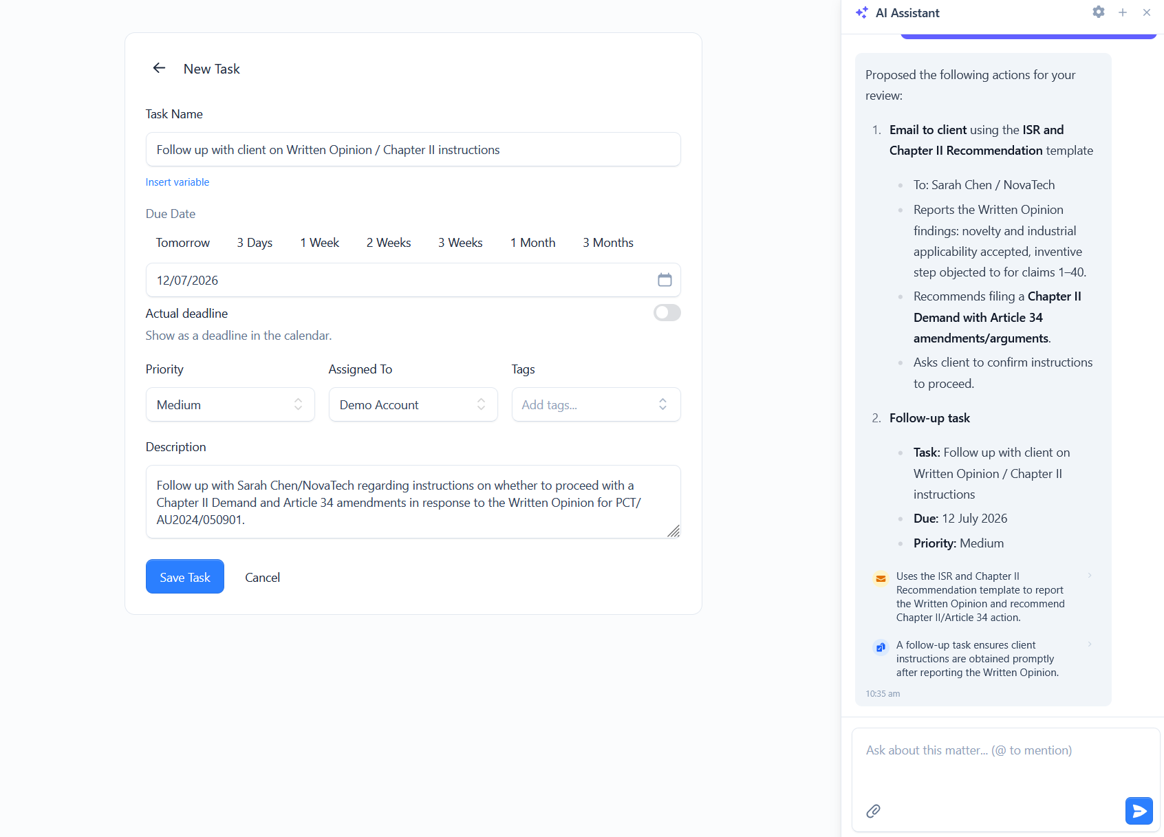 An AI-drafted task open in the task editor