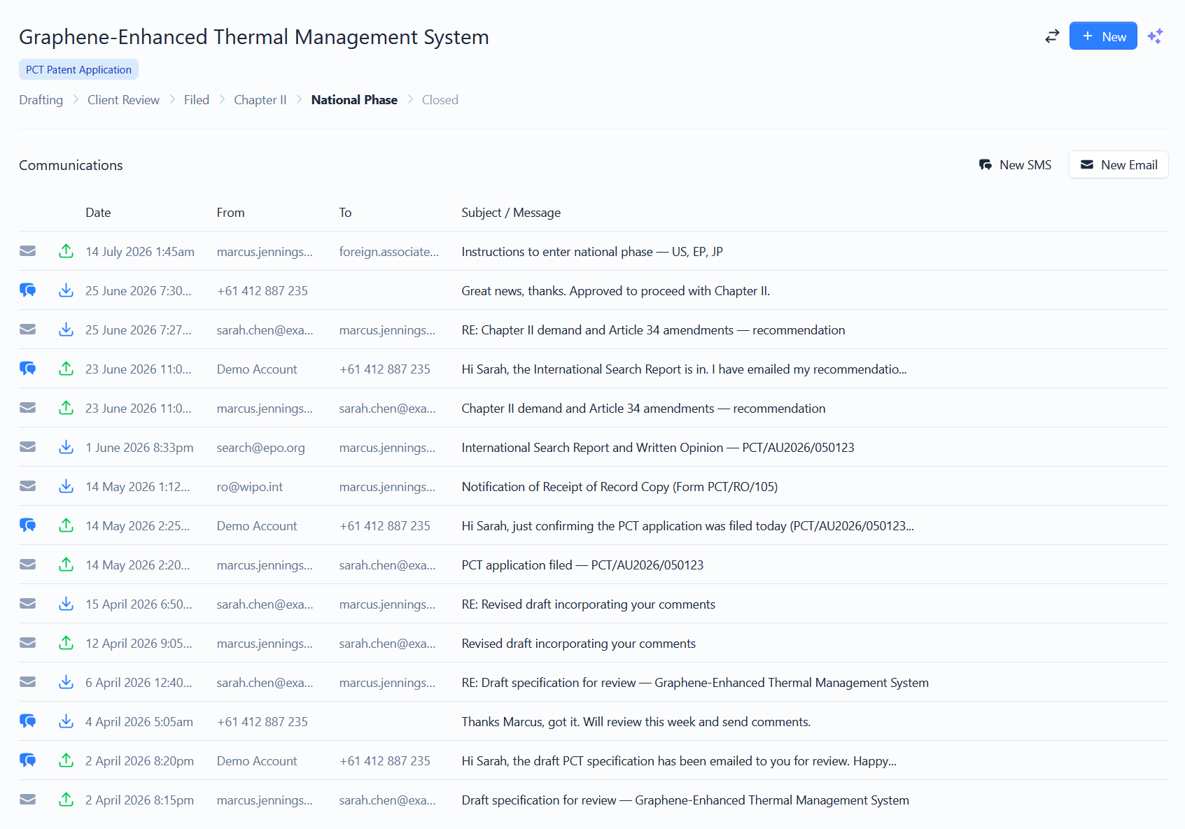 The Communications section listing emails and SMS with direction indicators