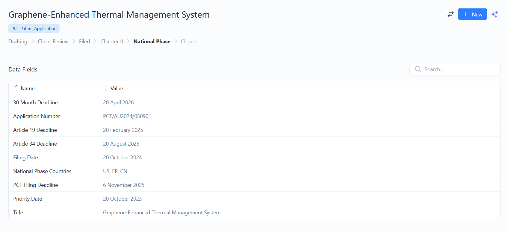 The Data Fields section listing field names and values for a matter
