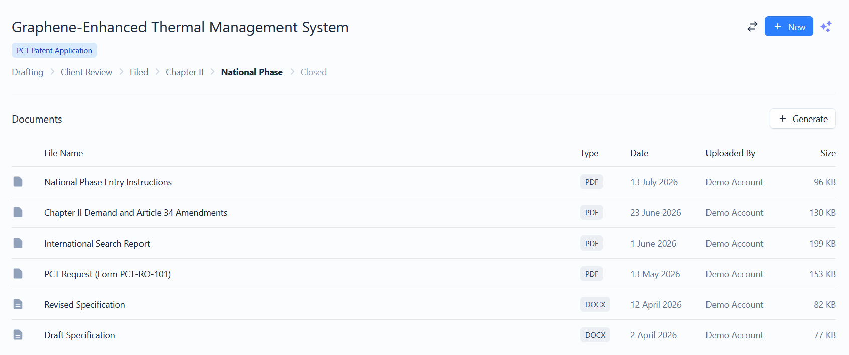 The Documents panel on a matter, listing stored files