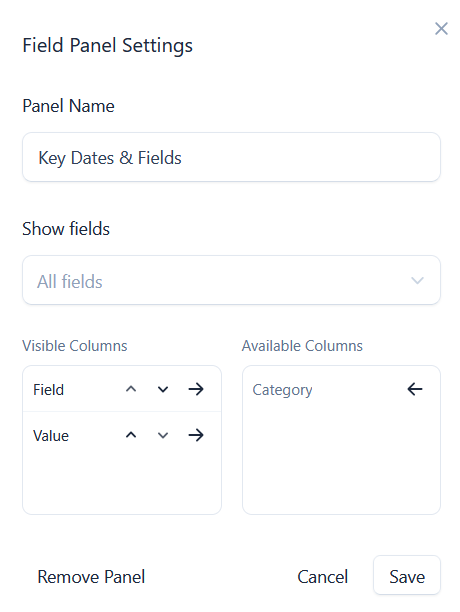 Field Panel Settings for the Key Dates and Fields panel