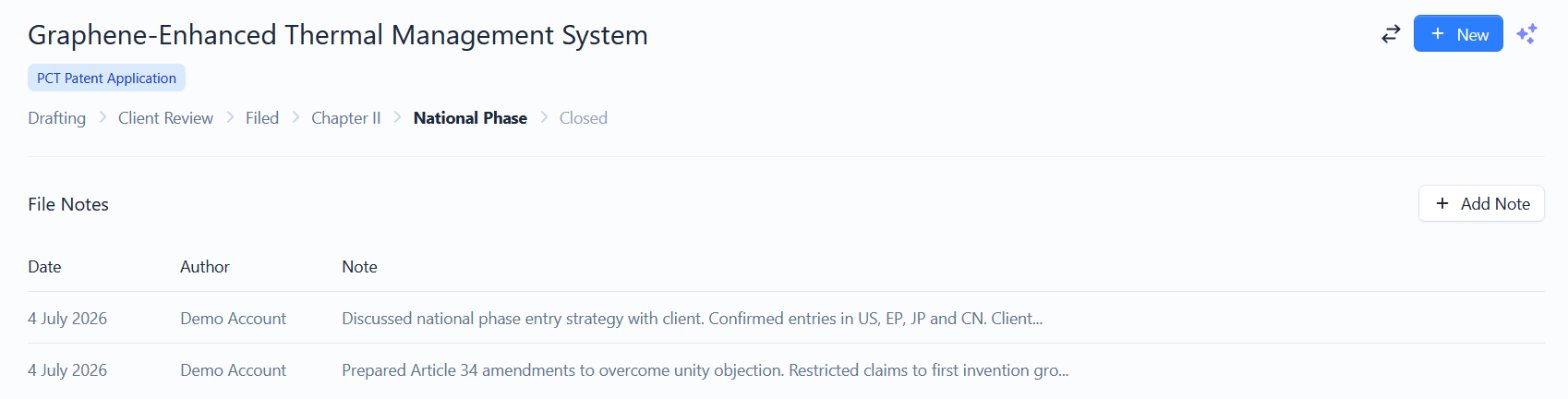 The File Notes section listing notes with date, author and content