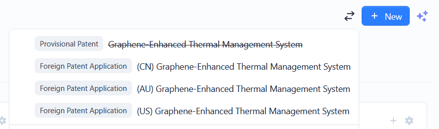 The linked matters dropdown listing related matters with type badges
