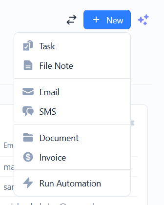 The +New quick-create menu open in the matter header