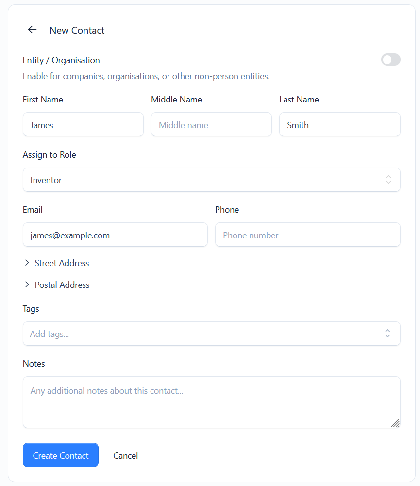 The New Contact form with name, role assignment and contact details