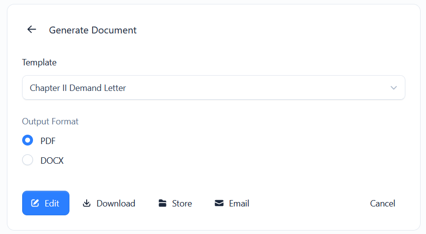 The Generate Document panel with template, output format and action buttons