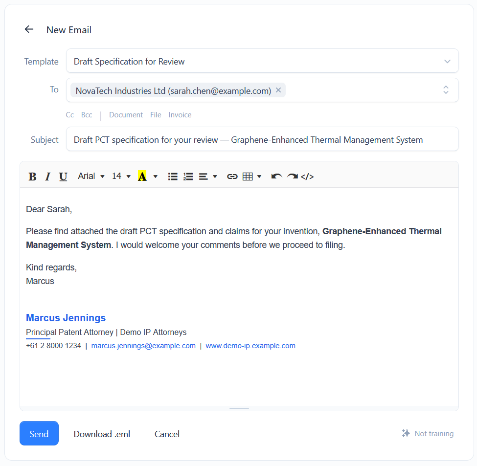 The New Email compose view with a template selector, recipients and rich-text body
