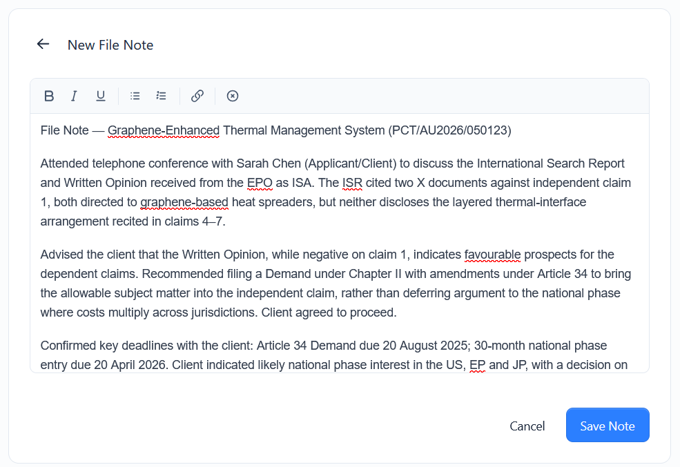 The New File Note editor with a rich-text toolbar