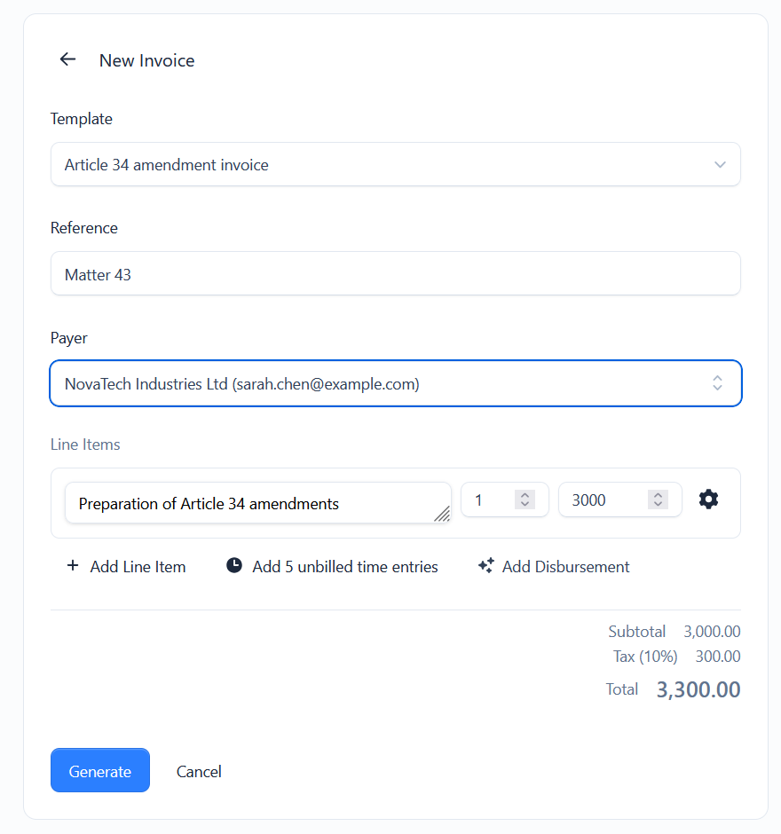 The New Invoice builder with template, payer, line items and totals