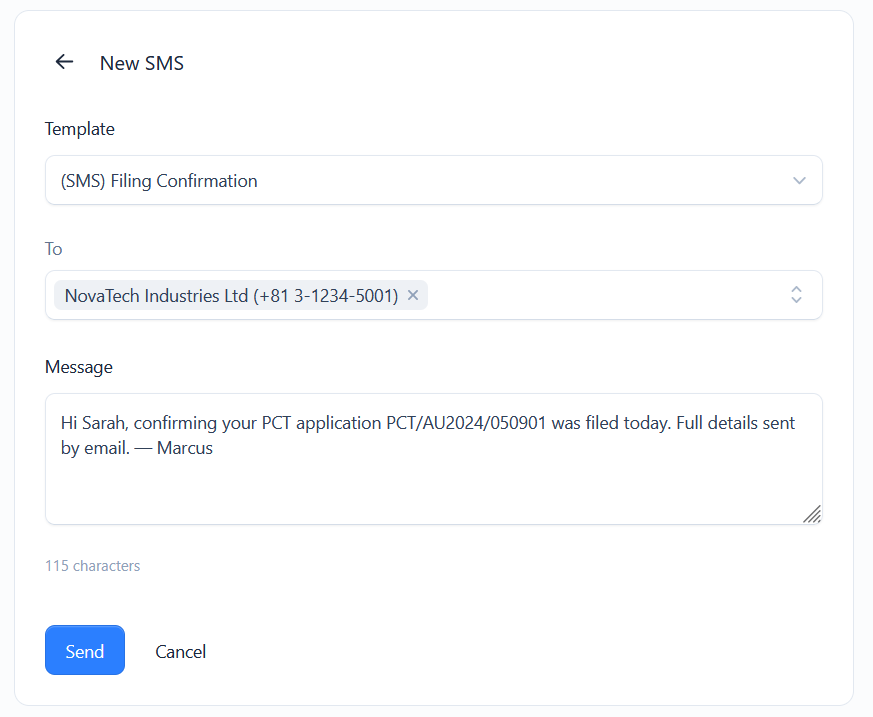 The New SMS view with a template, recipient and message with character count
