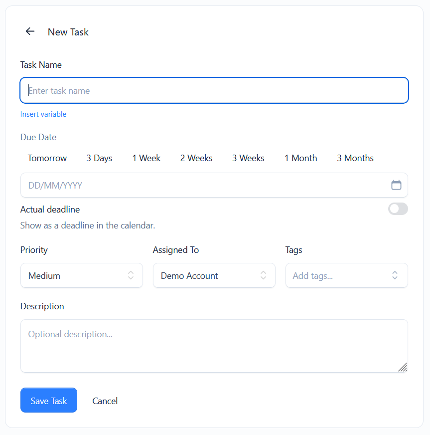 The New Task form with name, due date quick buttons, priority and assignee