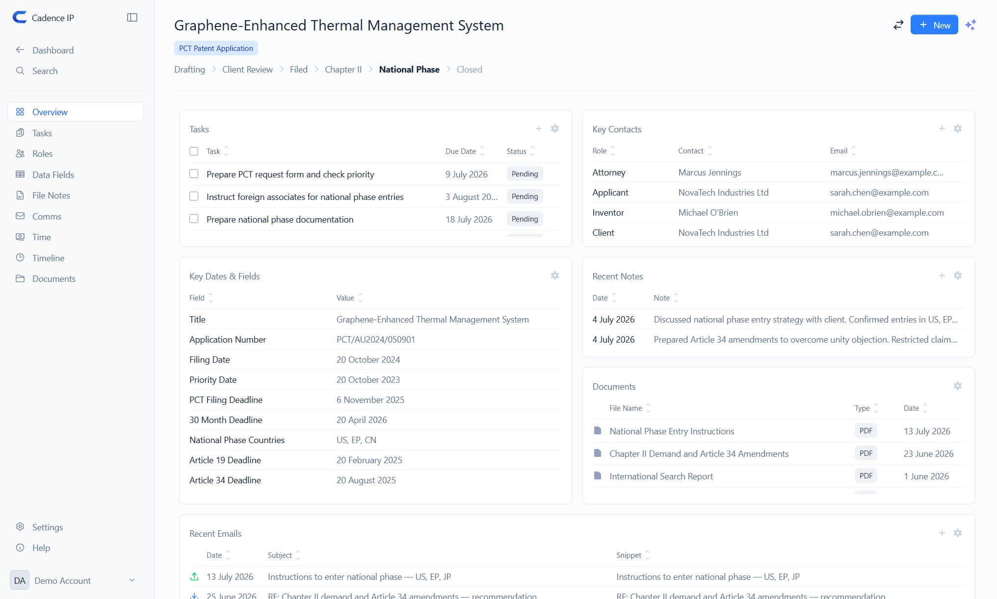 The matter Overview showing panels for tasks, contacts, key dates, notes, documents and recent emails