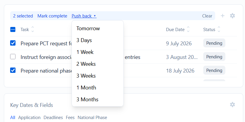 Selected tasks with the bulk-action bar showing Mark complete and Push back options