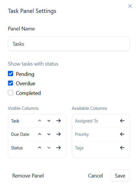 Task Panel Settings showing status filters and column choices