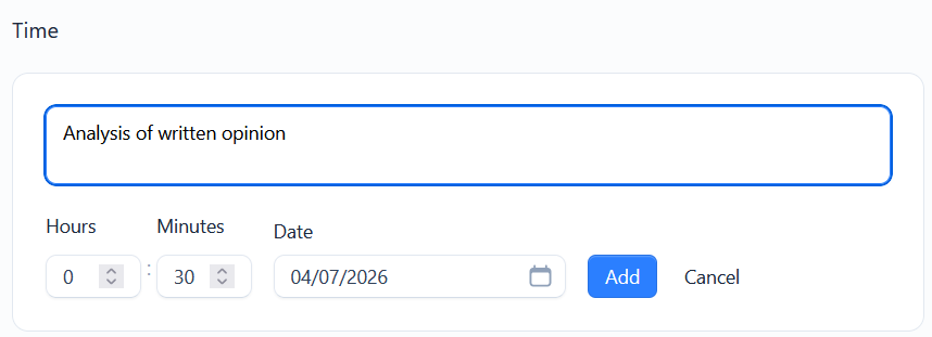 The inline Add Time form with description, hours, minutes and date