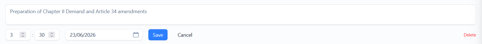 Editing a time entry with Save, Cancel and Delete options