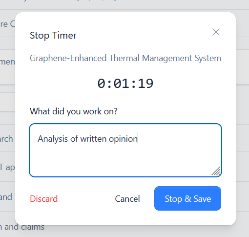 The Stop Timer dialog asking what you worked on