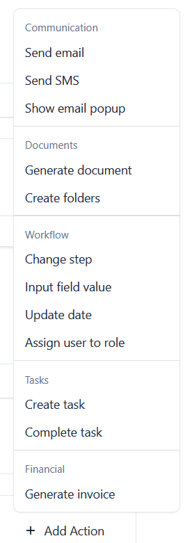 The Add Action menu grouped by category