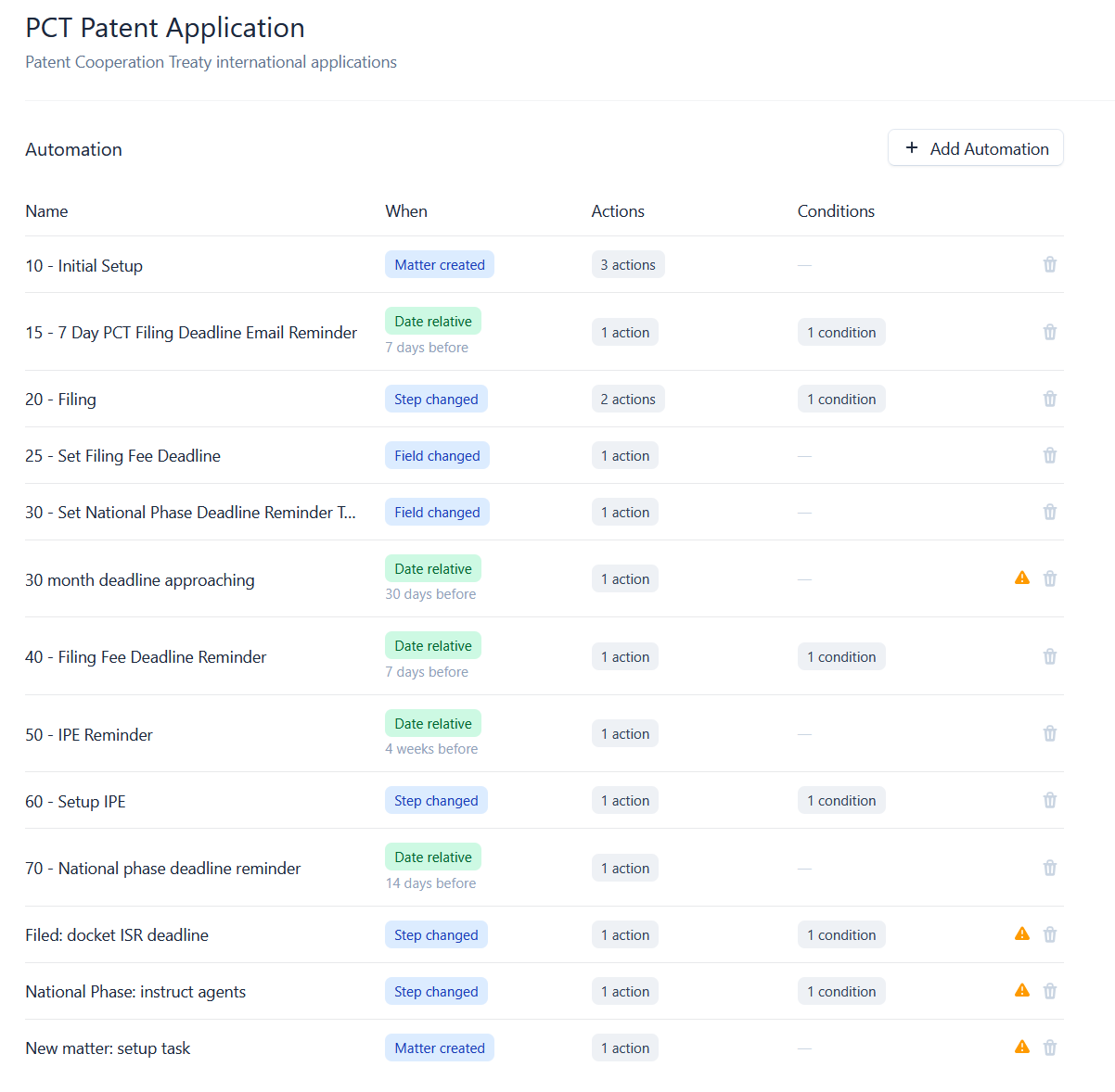 The Automations list for a matter type