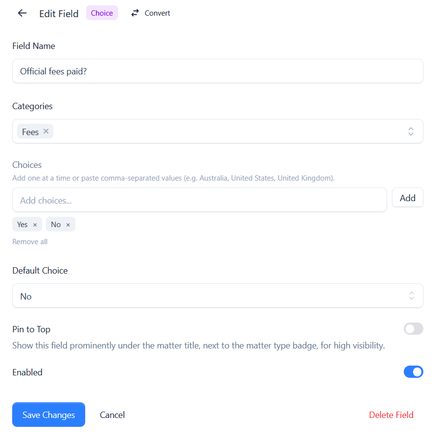 Editing a choice field and its options