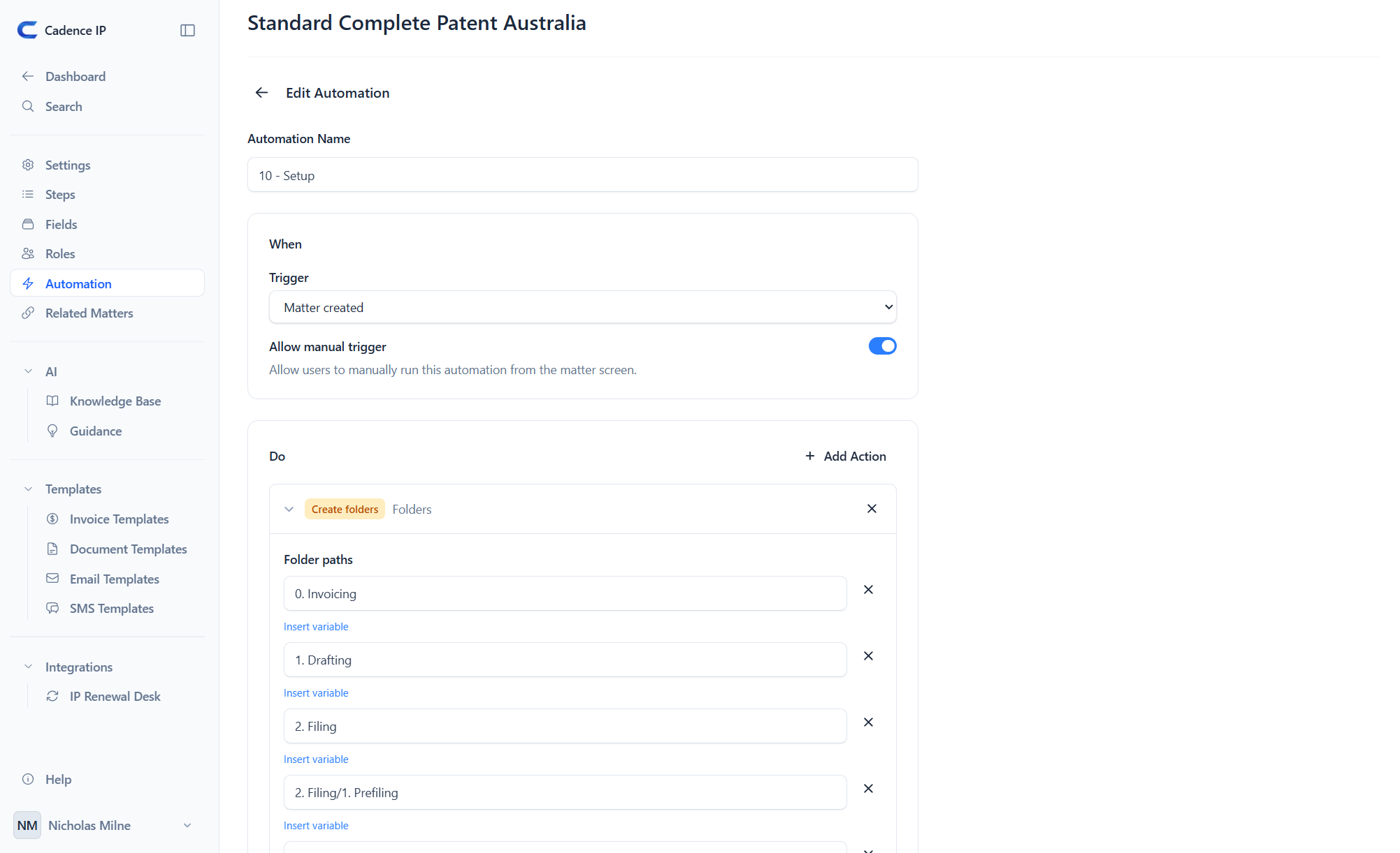 A Create folders action listing the folder paths to build on matter creation