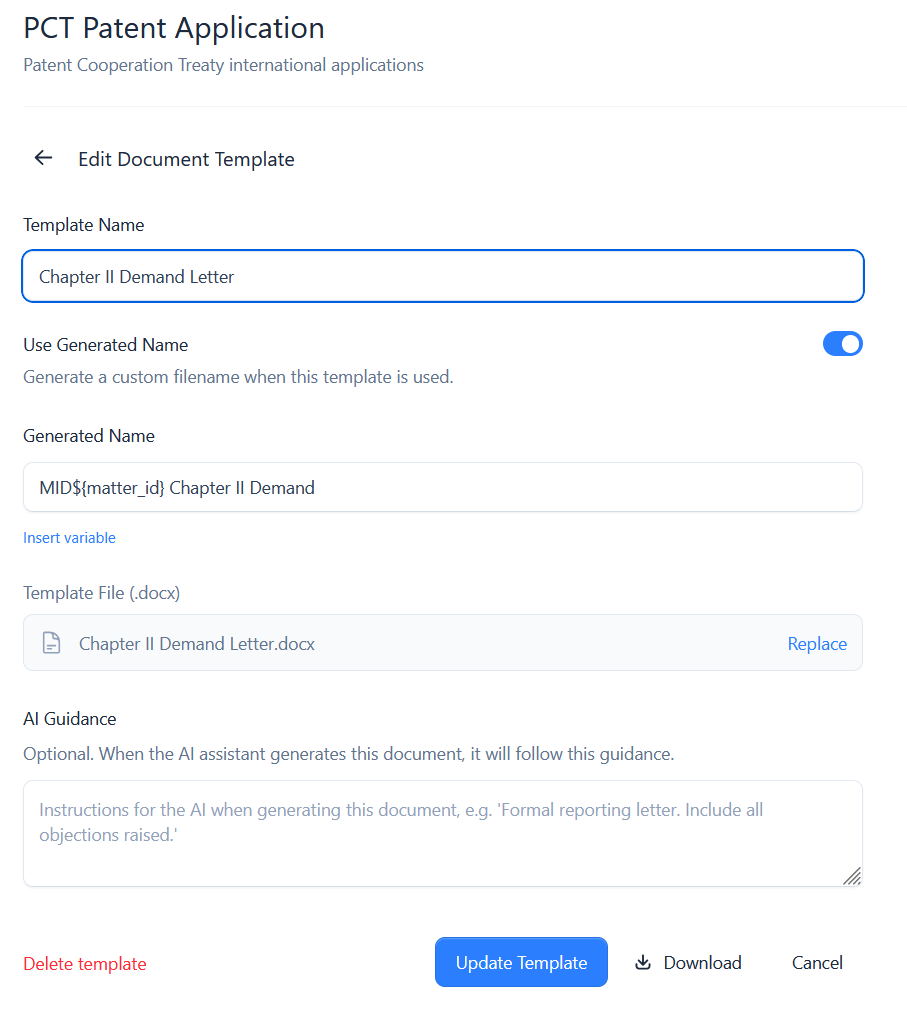 Editing a document template