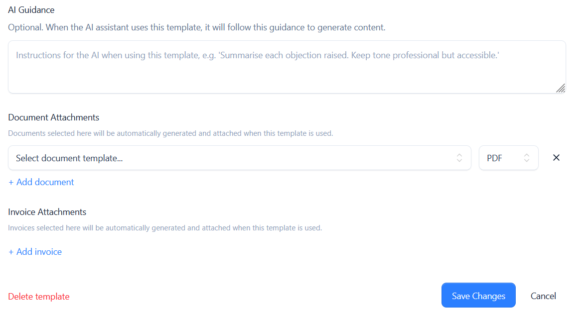 AI guidance and attachment options on an email template