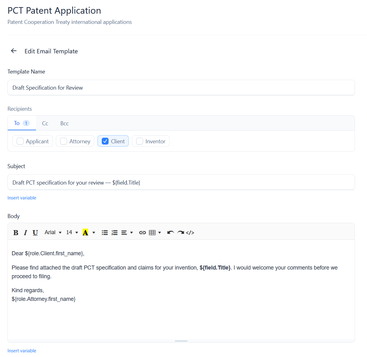 Editing an email template's recipients, subject and body