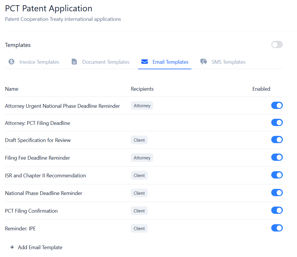 The email templates list