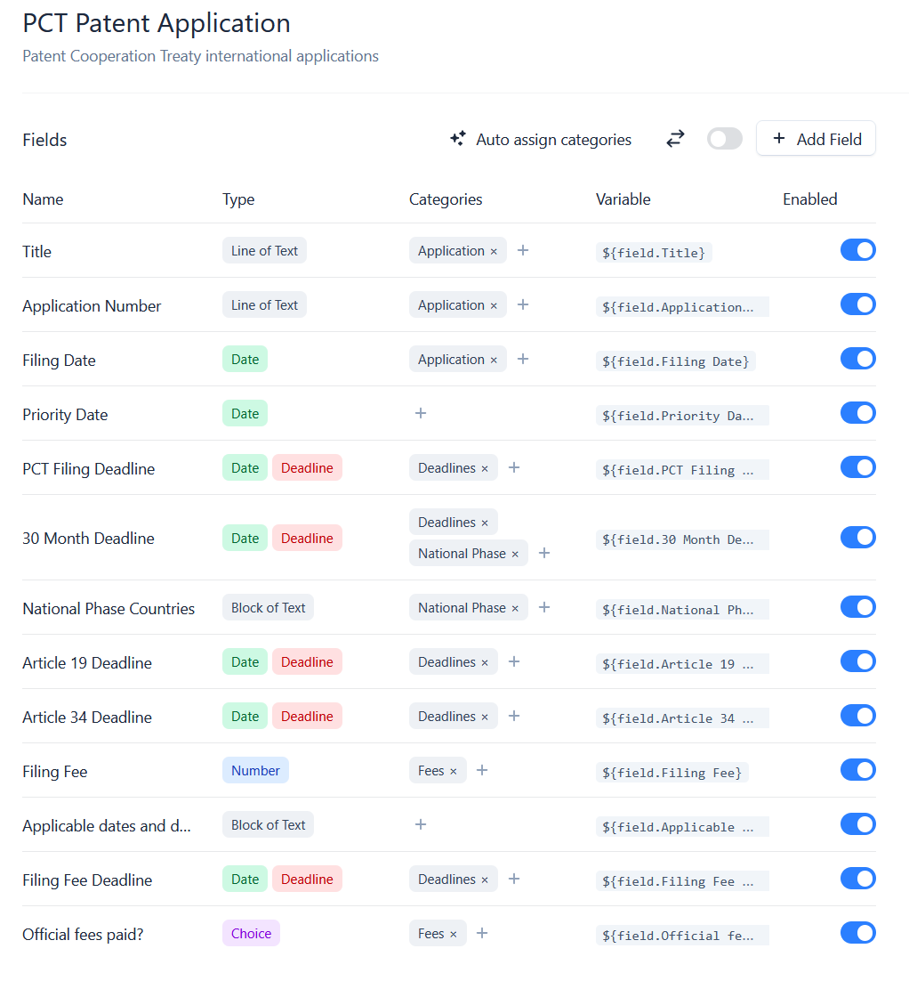 The Fields list for a matter type
