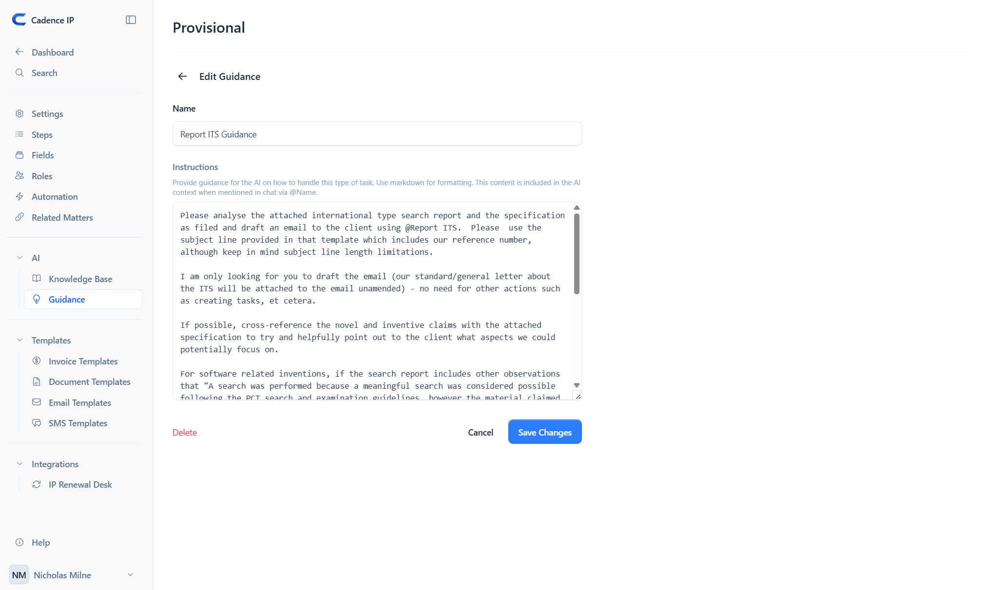 The Report ITS Guidance block being edited, with detailed instructions