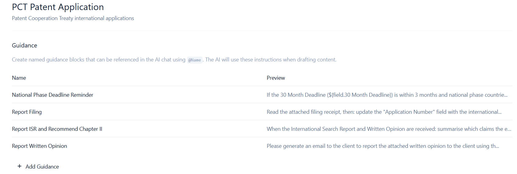 The Guidance list for a matter type